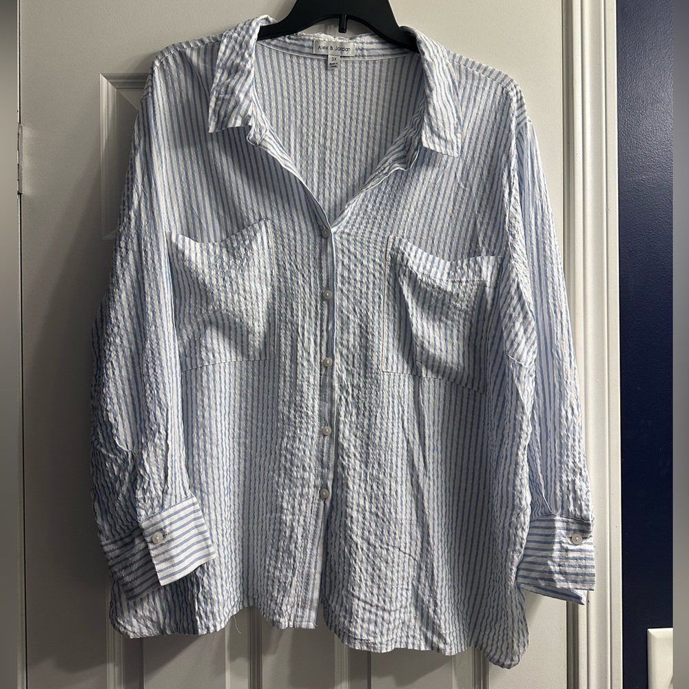 Blue and White Sparkly Striped Button-Up Shirt